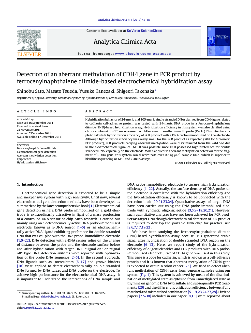 Detection of an aberrant methylation of CDH4 gene in PCR product by ferrocenylnaphthalene diimide-based electrochemical hybridization assay