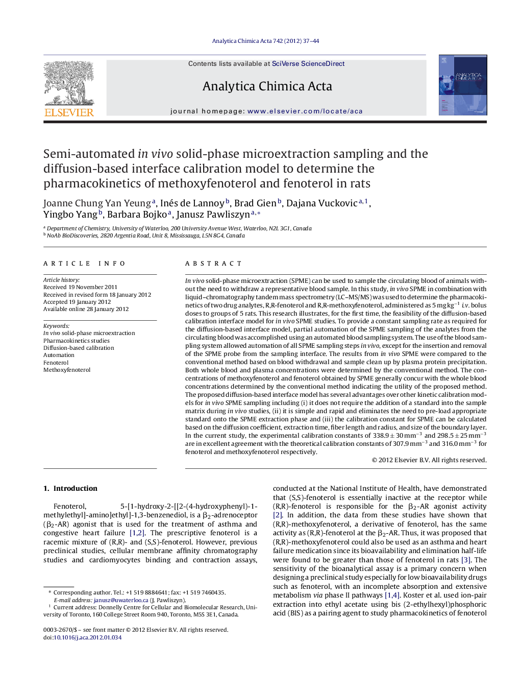 Semi-automated in vivo solid-phase microextraction sampling and the diffusion-based interface calibration model to determine the pharmacokinetics of methoxyfenoterol and fenoterol in rats