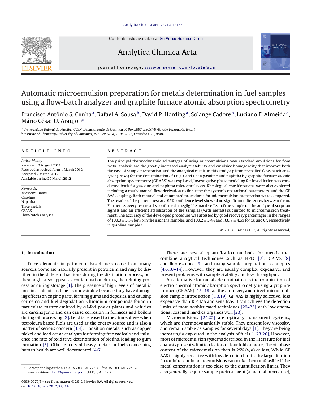 Automatic microemulsion preparation for metals determination in fuel samples using a flow-batch analyzer and graphite furnace atomic absorption spectrometry