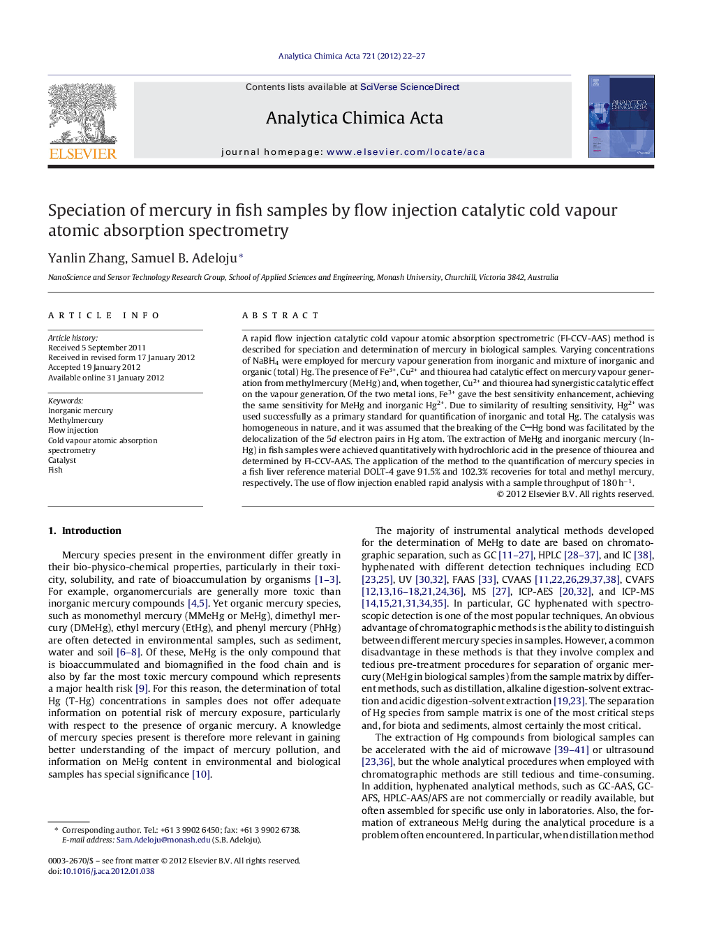 Speciation of mercury in fish samples by flow injection catalytic cold vapour atomic absorption spectrometry