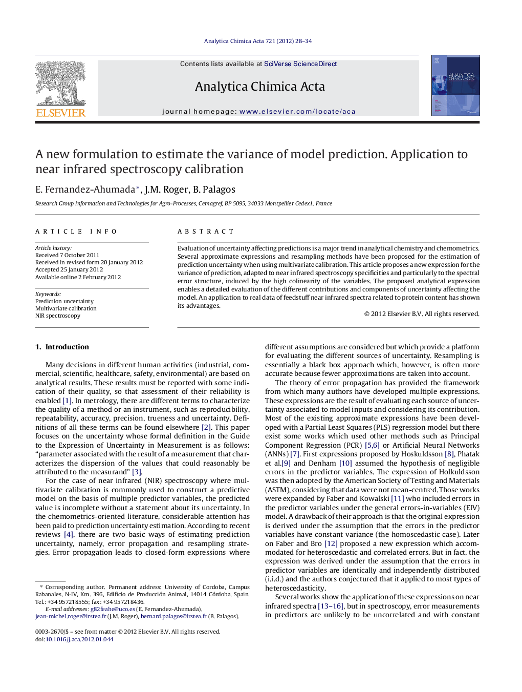 A new formulation to estimate the variance of model prediction. Application to near infrared spectroscopy calibration