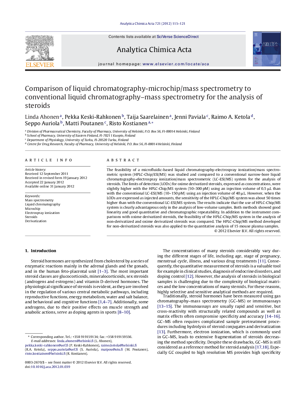 Comparison of liquid chromatography-microchip/mass spectrometry to conventional liquid chromatography–mass spectrometry for the analysis of steroids