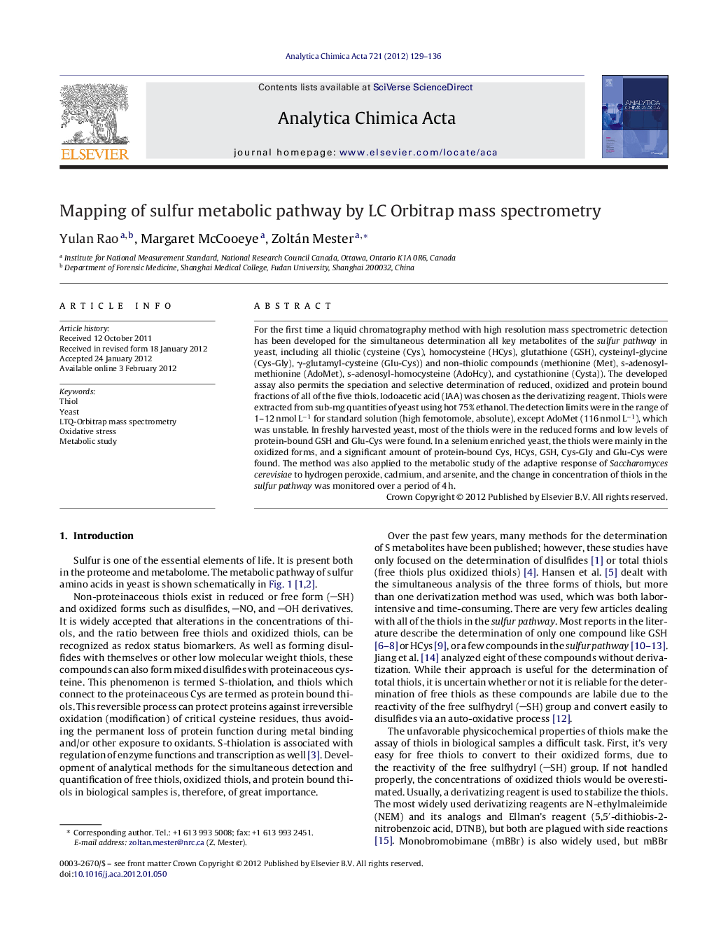 عکس صفحه اول مقاله: Mapping of sulfur metabolic pathway by LC Orbitrap mass spectrometry Mapping of sulfur metabolic pathway by LC Orbitrap mass spectrometry