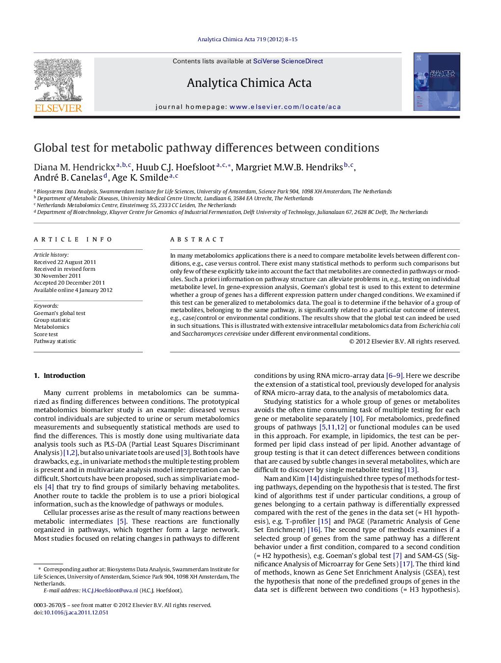 Global test for metabolic pathway differences between conditions