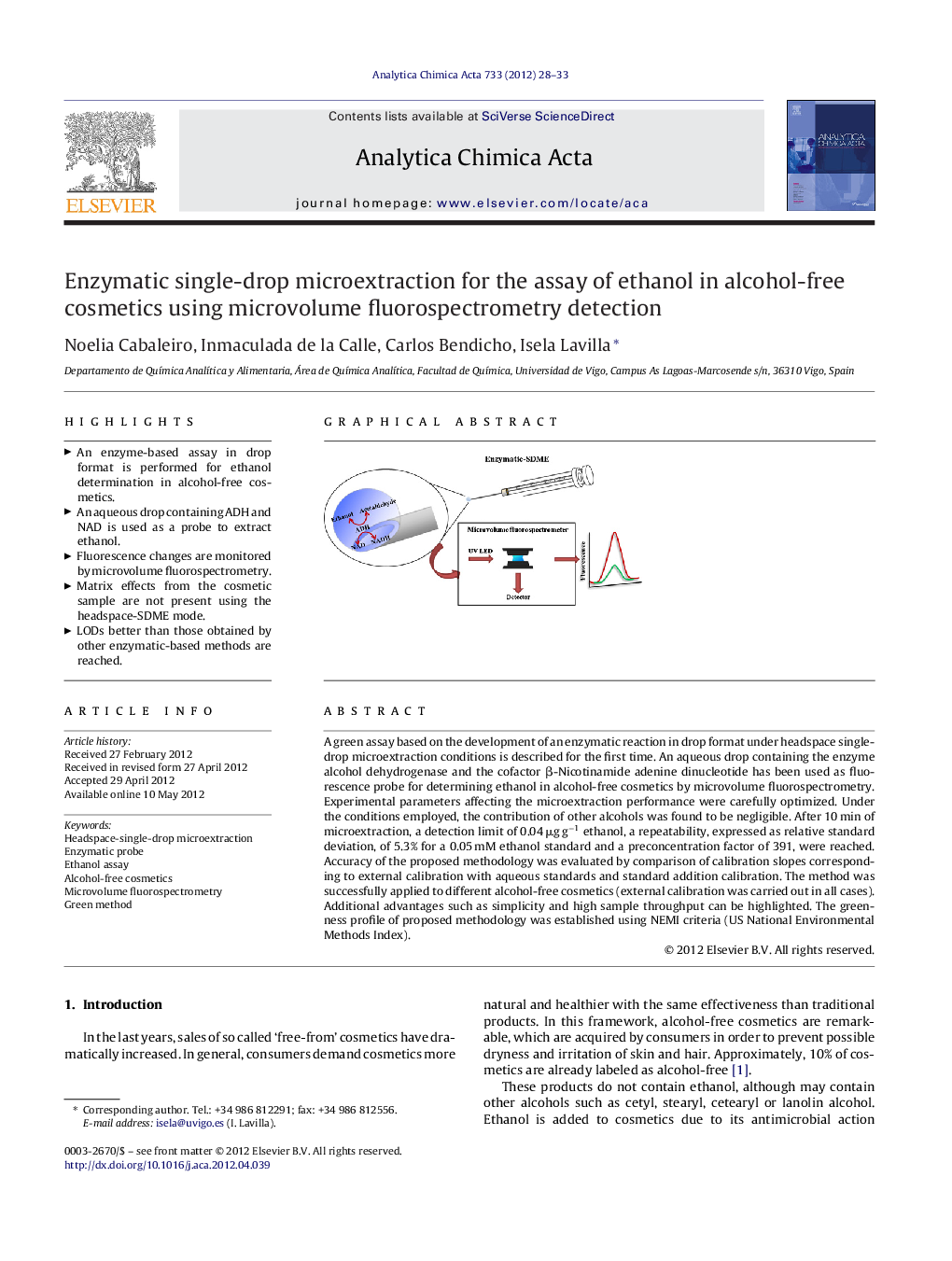 Enzymatic single-drop microextraction for the assay of ethanol in alcohol-free cosmetics using microvolume fluorospectrometry detection