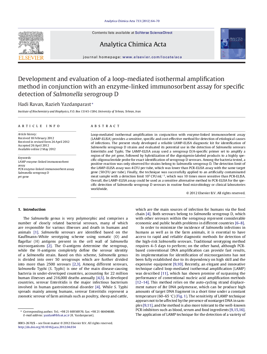 Development and evaluation of a loop-mediated isothermal amplification method in conjunction with an enzyme-linked immunosorbent assay for specific detection of Salmonella serogroup D