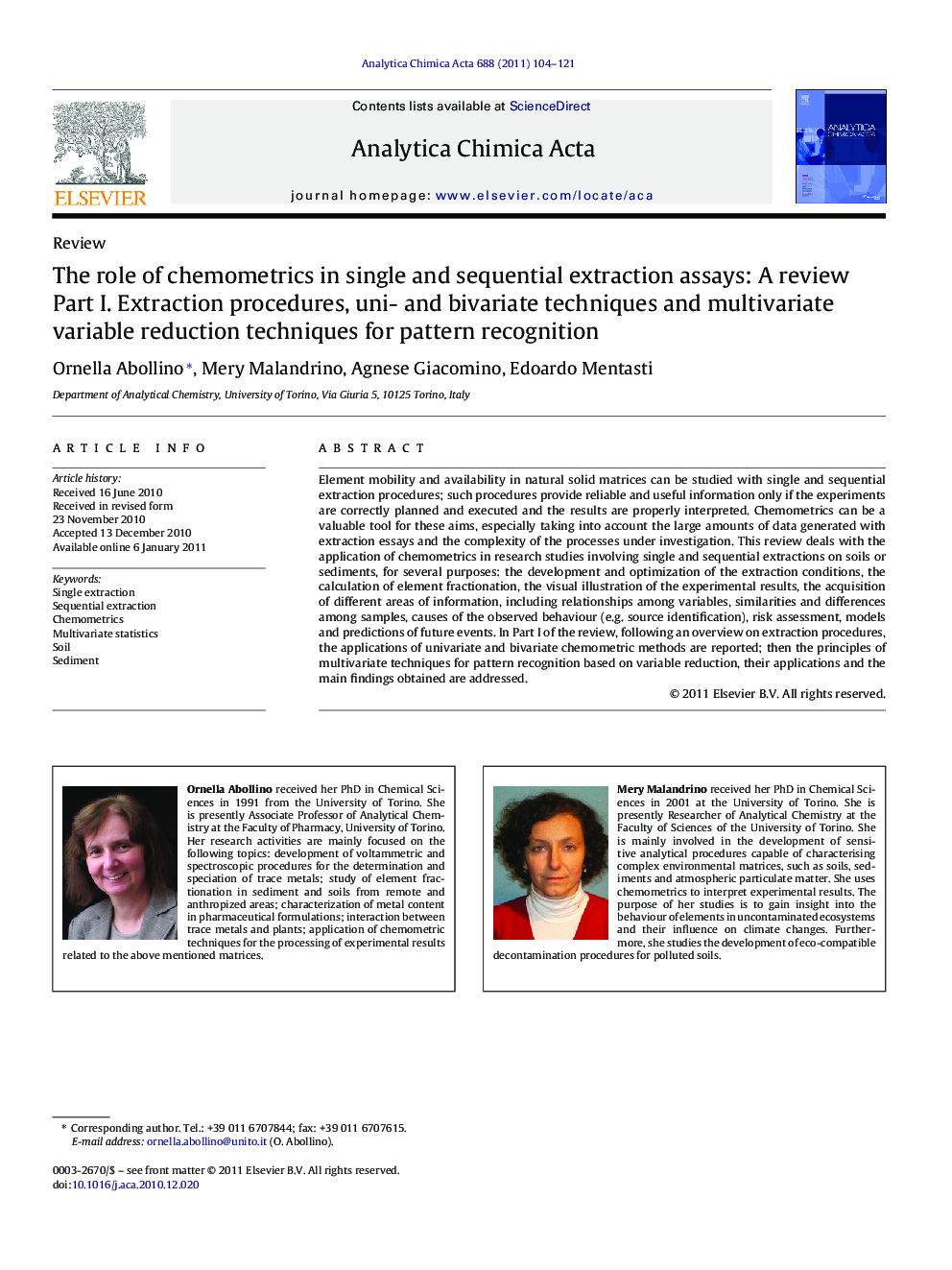 The role of chemometrics in single and sequential extraction assays: A review: Part I. Extraction procedures, uni- and bivariate techniques and multivariate variable reduction techniques for pattern recognition