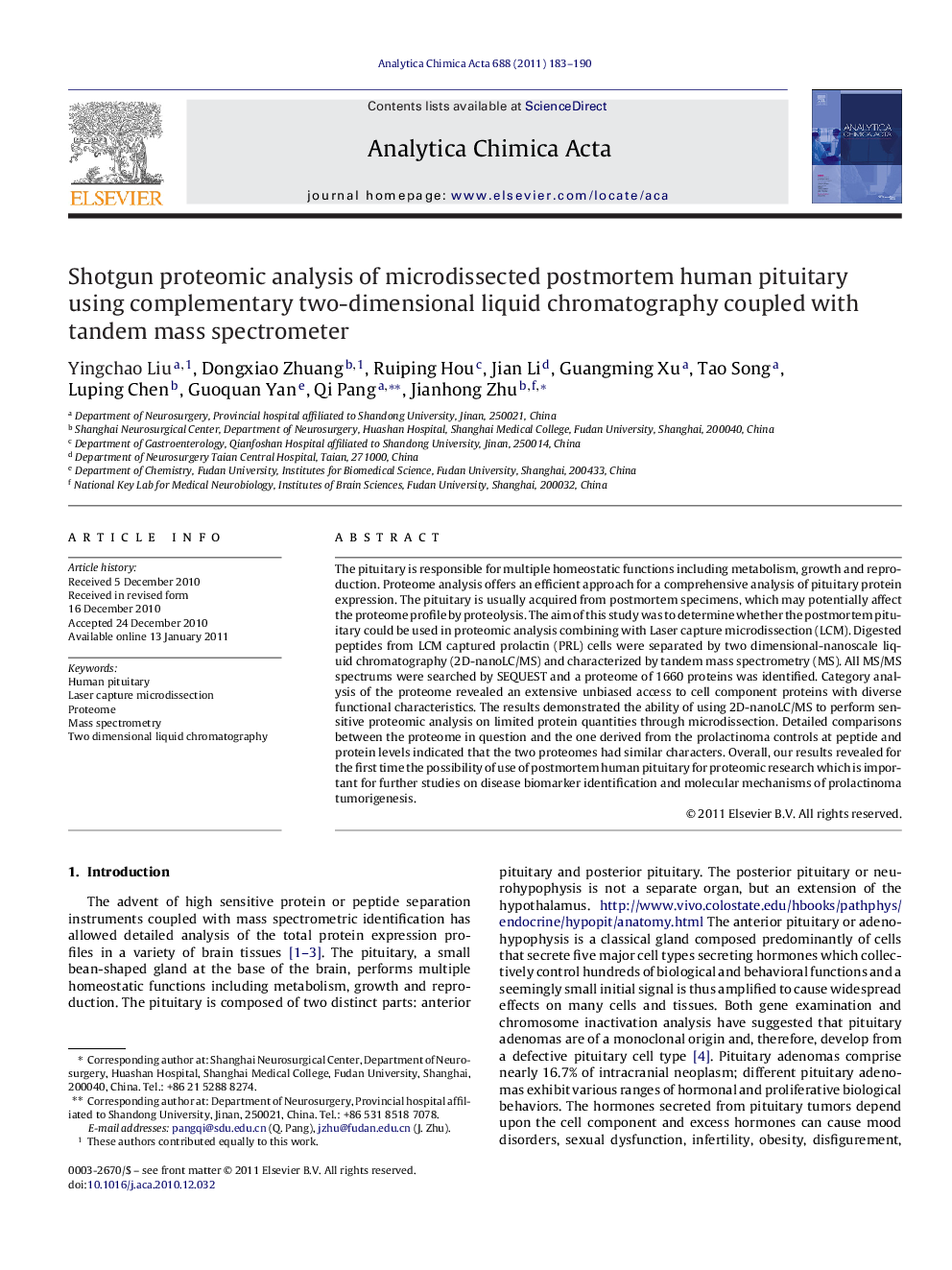 Shotgun proteomic analysis of microdissected postmortem human pituitary using complementary two-dimensional liquid chromatography coupled with tandem mass spectrometer