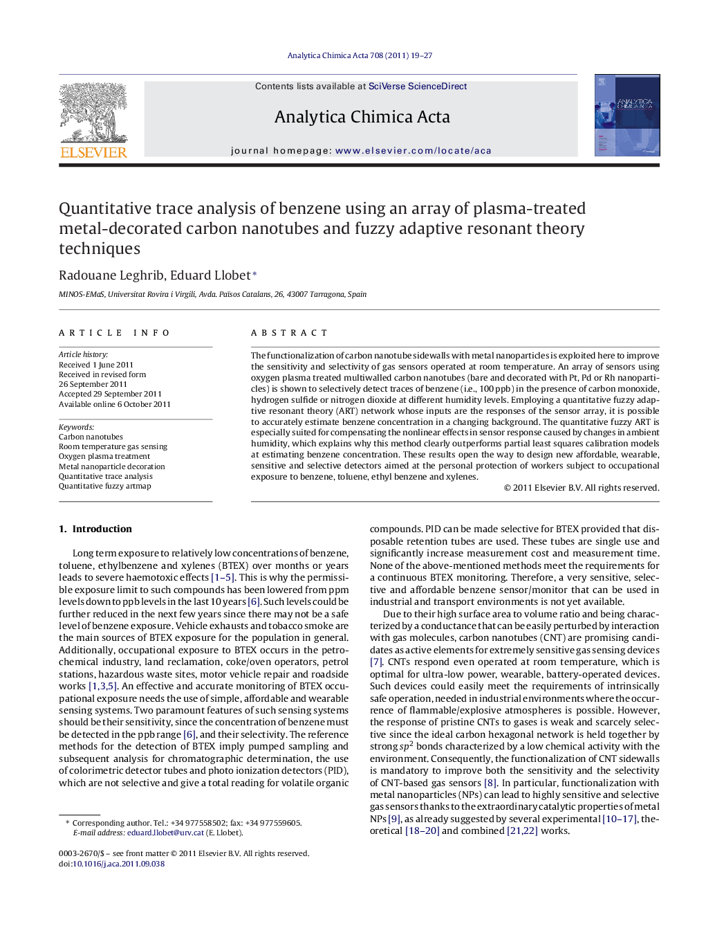 Quantitative trace analysis of benzene using an array of plasma-treated metal-decorated carbon nanotubes and fuzzy adaptive resonant theory techniques