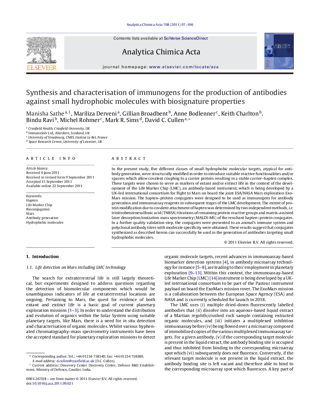 Synthesis and characterisation of immunogens for the production of antibodies against small hydrophobic molecules with biosignature properties