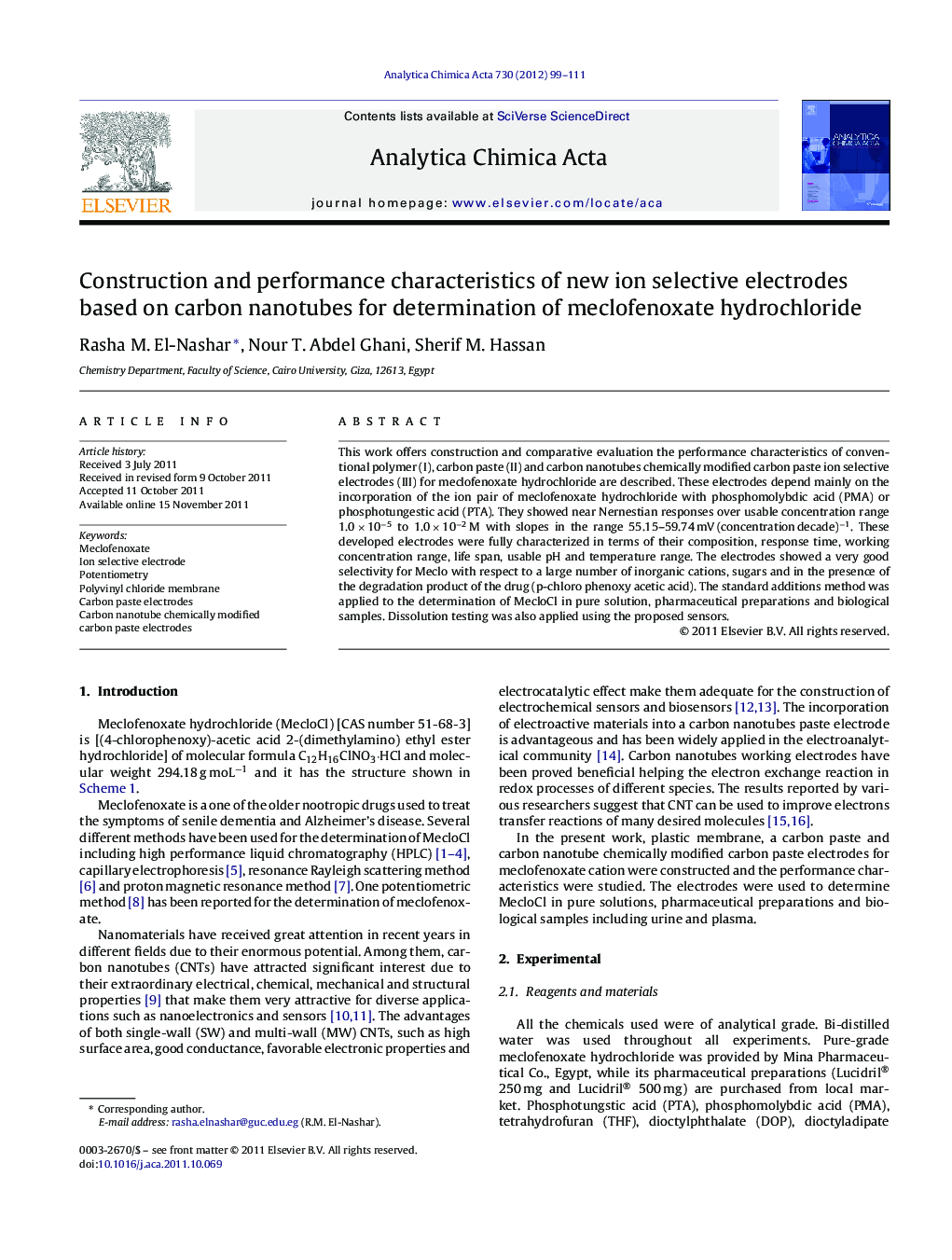 Construction and performance characteristics of new ion selective electrodes based on carbon nanotubes for determination of meclofenoxate hydrochloride