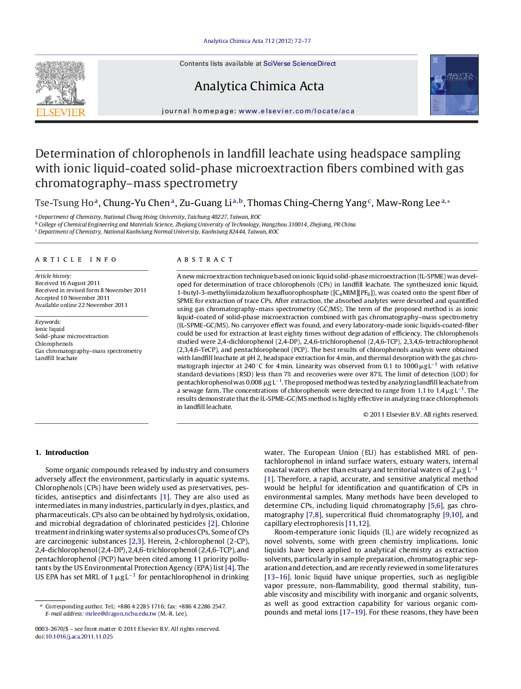 Determination of chlorophenols in landfill leachate using headspace sampling with ionic liquid-coated solid-phase microextraction fibers combined with gas chromatography–mass spectrometry