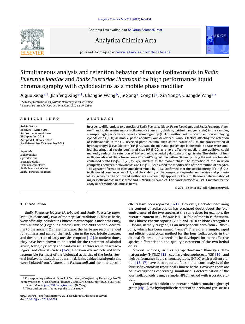 Simultaneous analysis and retention behavior of major isoflavonoids in Radix Puerariae lobatae and Radix Puerariae thomsonii by high performance liquid chromatography with cyclodextrins as a mobile phase modifier