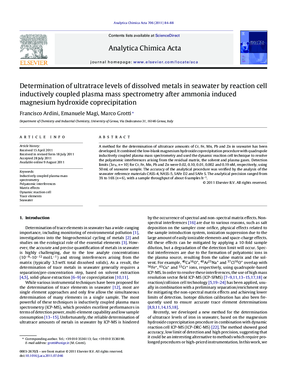 Determination of ultratrace levels of dissolved metals in seawater by reaction cell inductively coupled plasma mass spectrometry after ammonia induced magnesium hydroxide coprecipitation