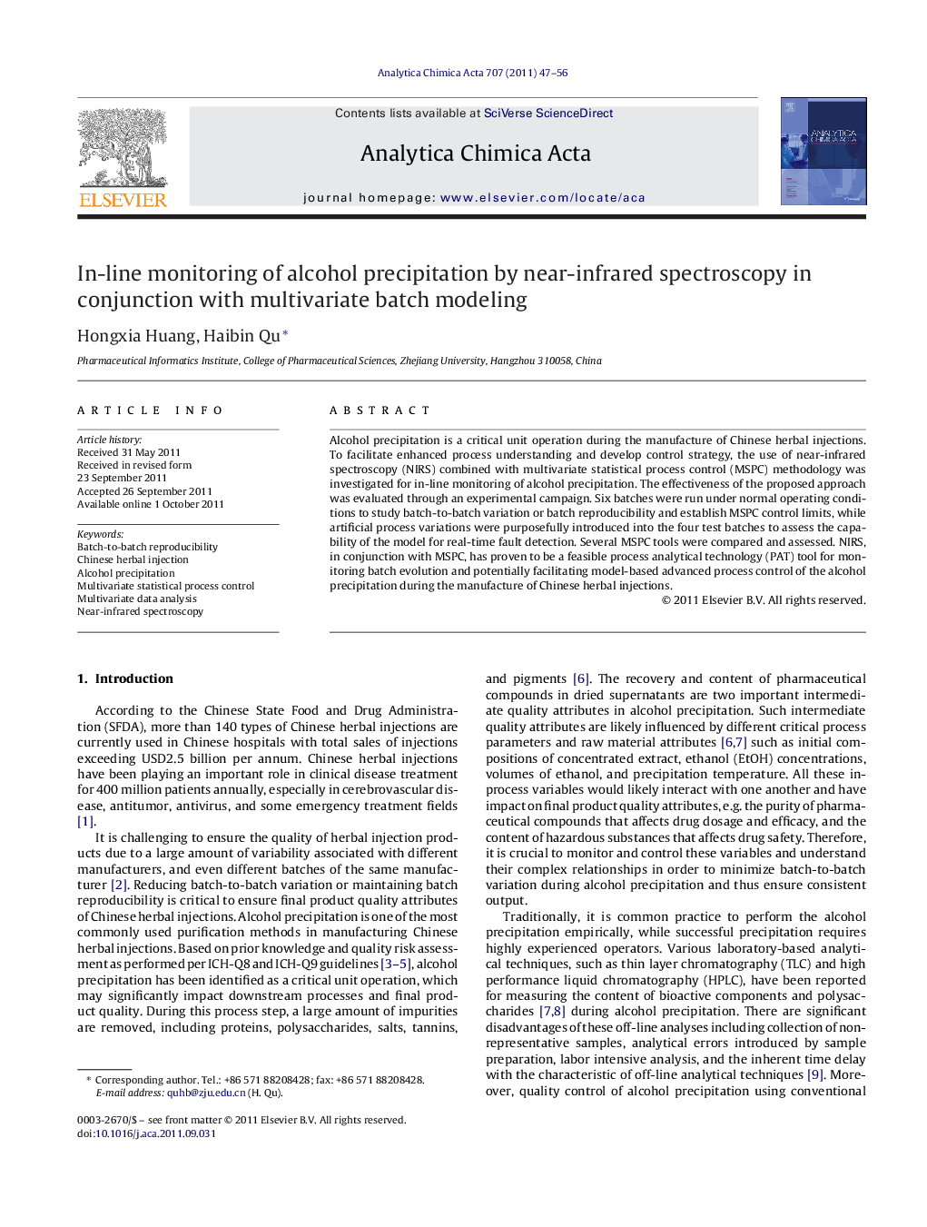 In-line monitoring of alcohol precipitation by near-infrared spectroscopy in conjunction with multivariate batch modeling