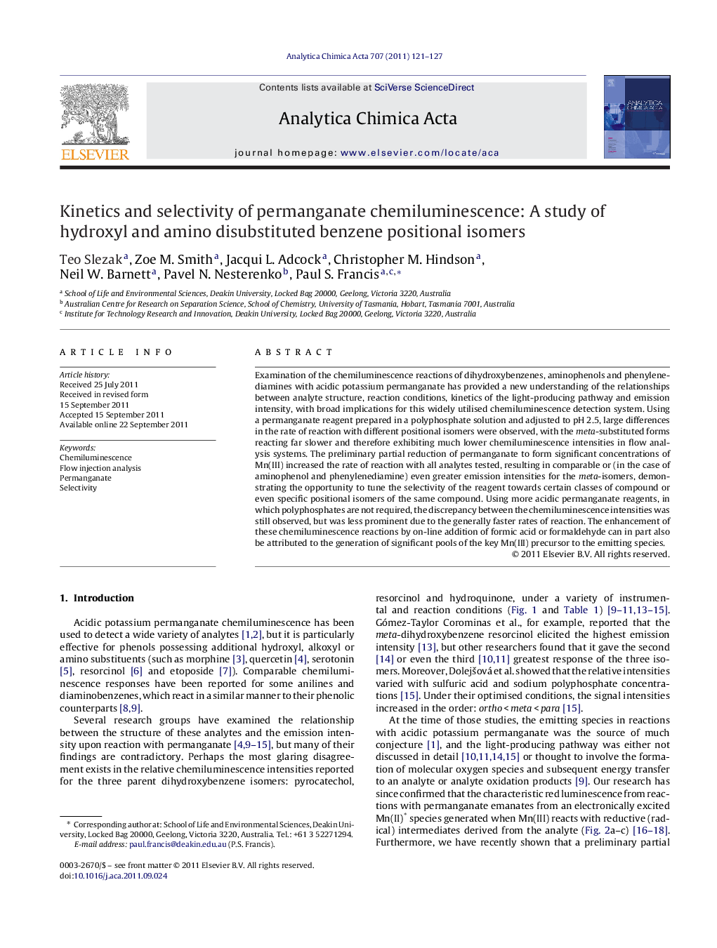 Kinetics and selectivity of permanganate chemiluminescence: A study of hydroxyl and amino disubstituted benzene positional isomers