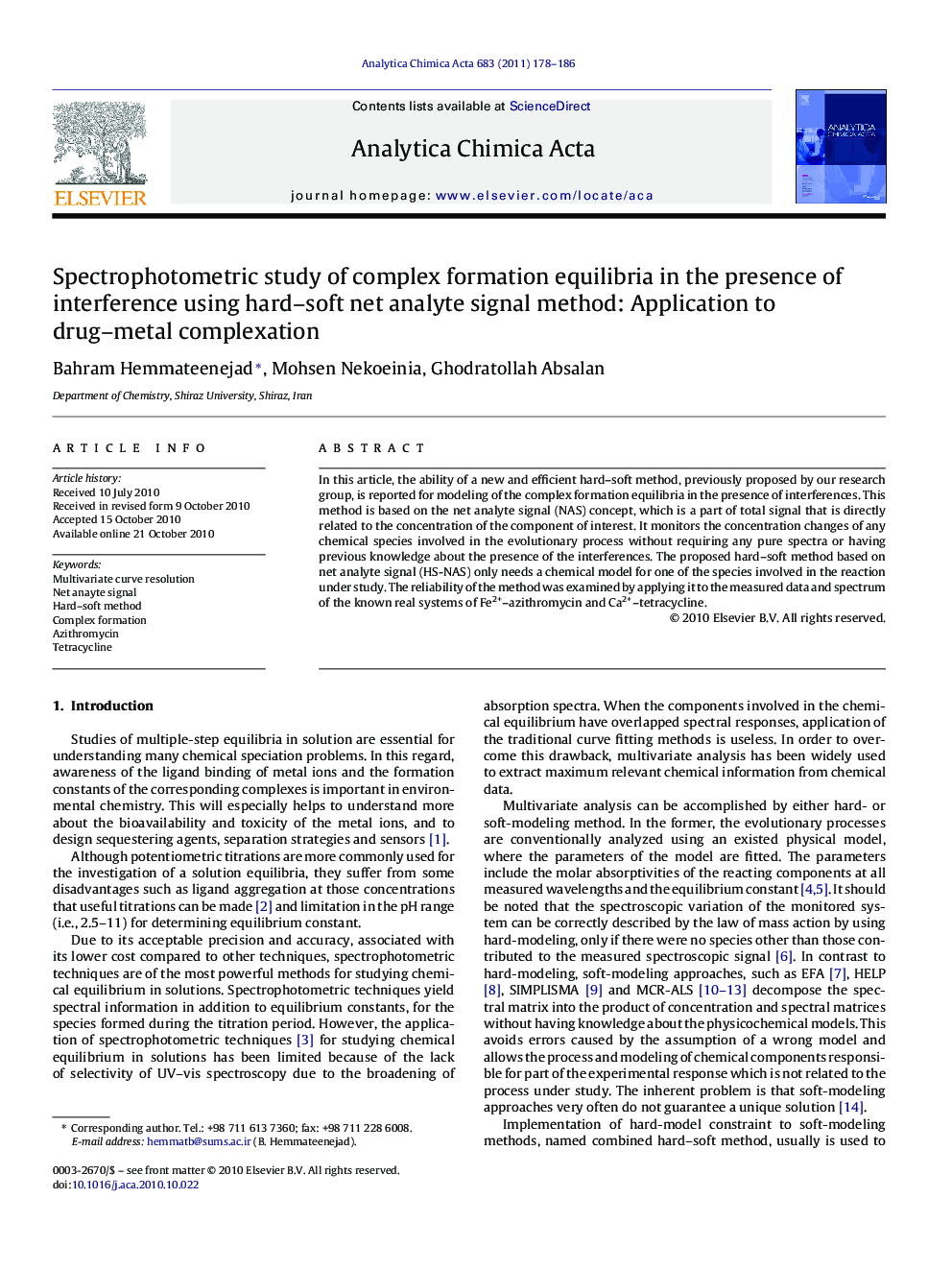 Spectrophotometric study of complex formation equilibria in the presence of interference using hard–soft net analyte signal method: Application to drug–metal complexation