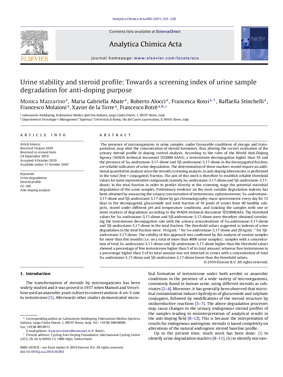 Urine stability and steroid profile: Towards a screening index of urine sample degradation for anti-doping purpose