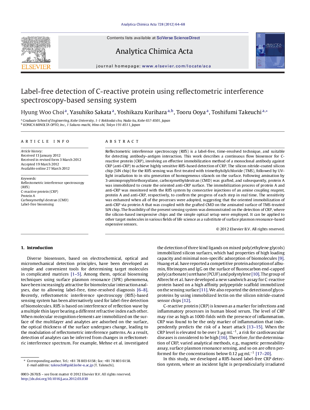 Label-free detection of C-reactive protein using reflectometric interference spectroscopy-based sensing system