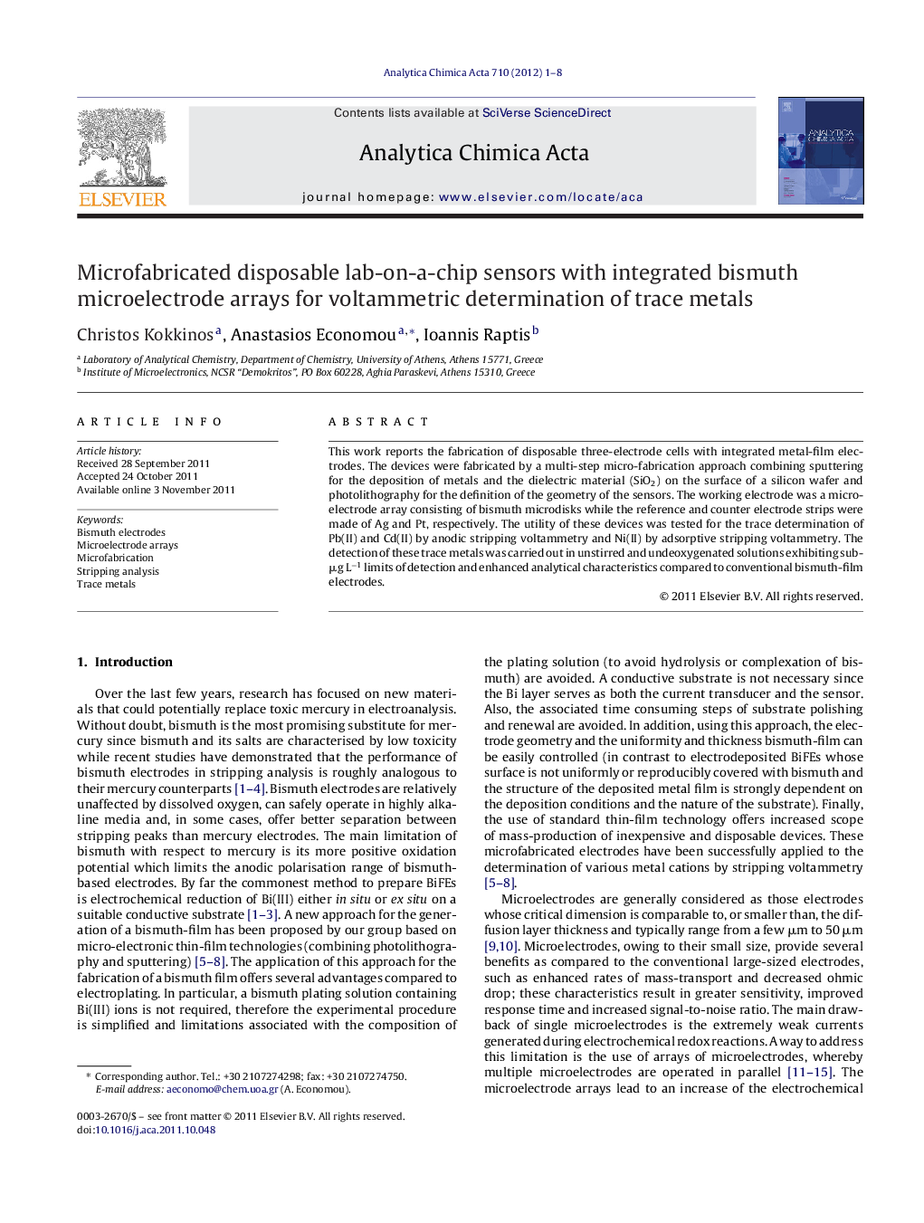 Microfabricated disposable lab-on-a-chip sensors with integrated bismuth microelectrode arrays for voltammetric determination of trace metals