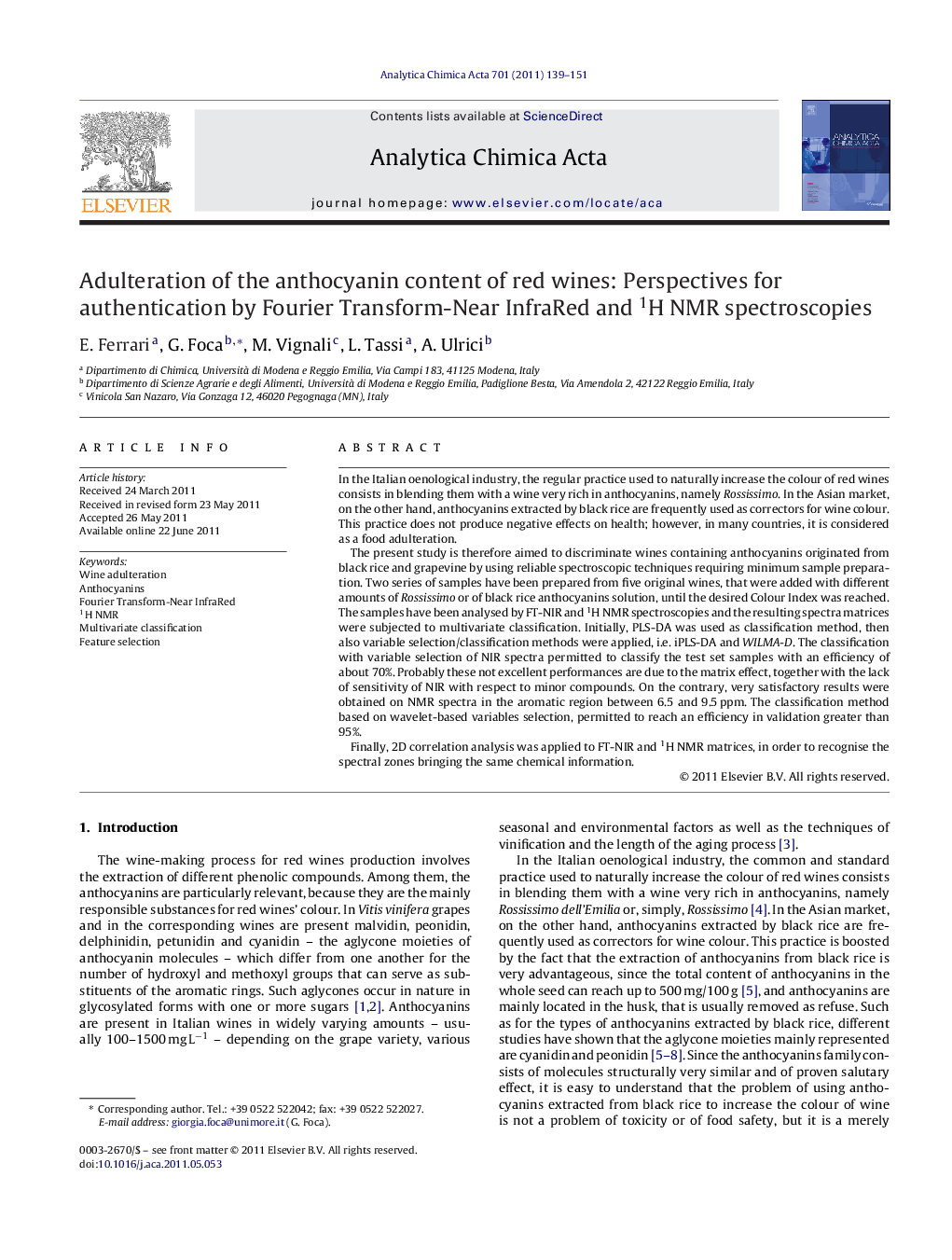 Adulteration of the anthocyanin content of red wines: Perspectives for authentication by Fourier Transform-Near InfraRed and 1H NMR spectroscopies