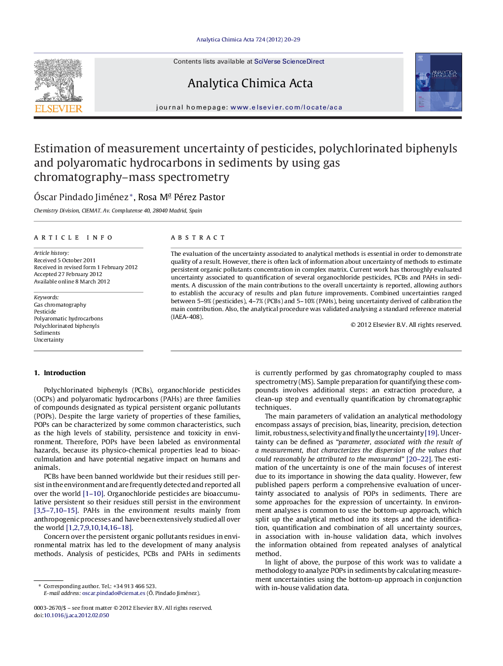 Estimation of measurement uncertainty of pesticides, polychlorinated biphenyls and polyaromatic hydrocarbons in sediments by using gas chromatography–mass spectrometry