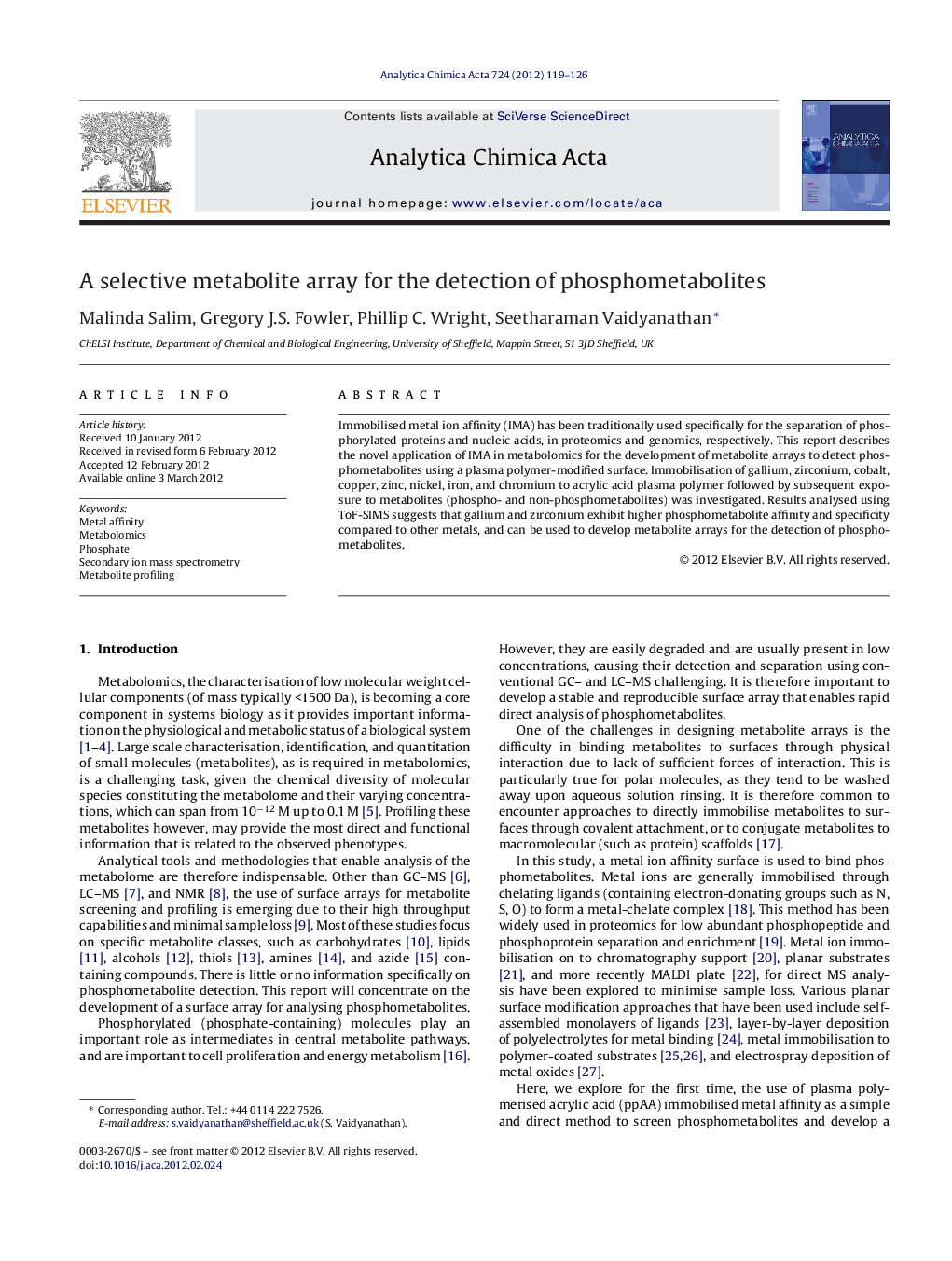 A selective metabolite array for the detection of phosphometabolites