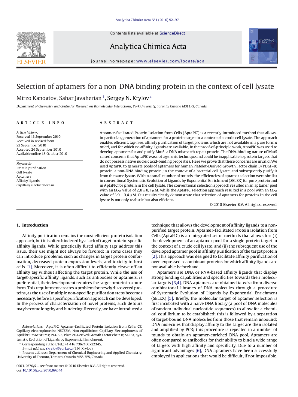 عکس صفحه اول مقاله: Selection of aptamers for a non-DNA binding protein in the context of cell lysate Selection of aptamers for a non-DNA binding protein in the context of cell lysate