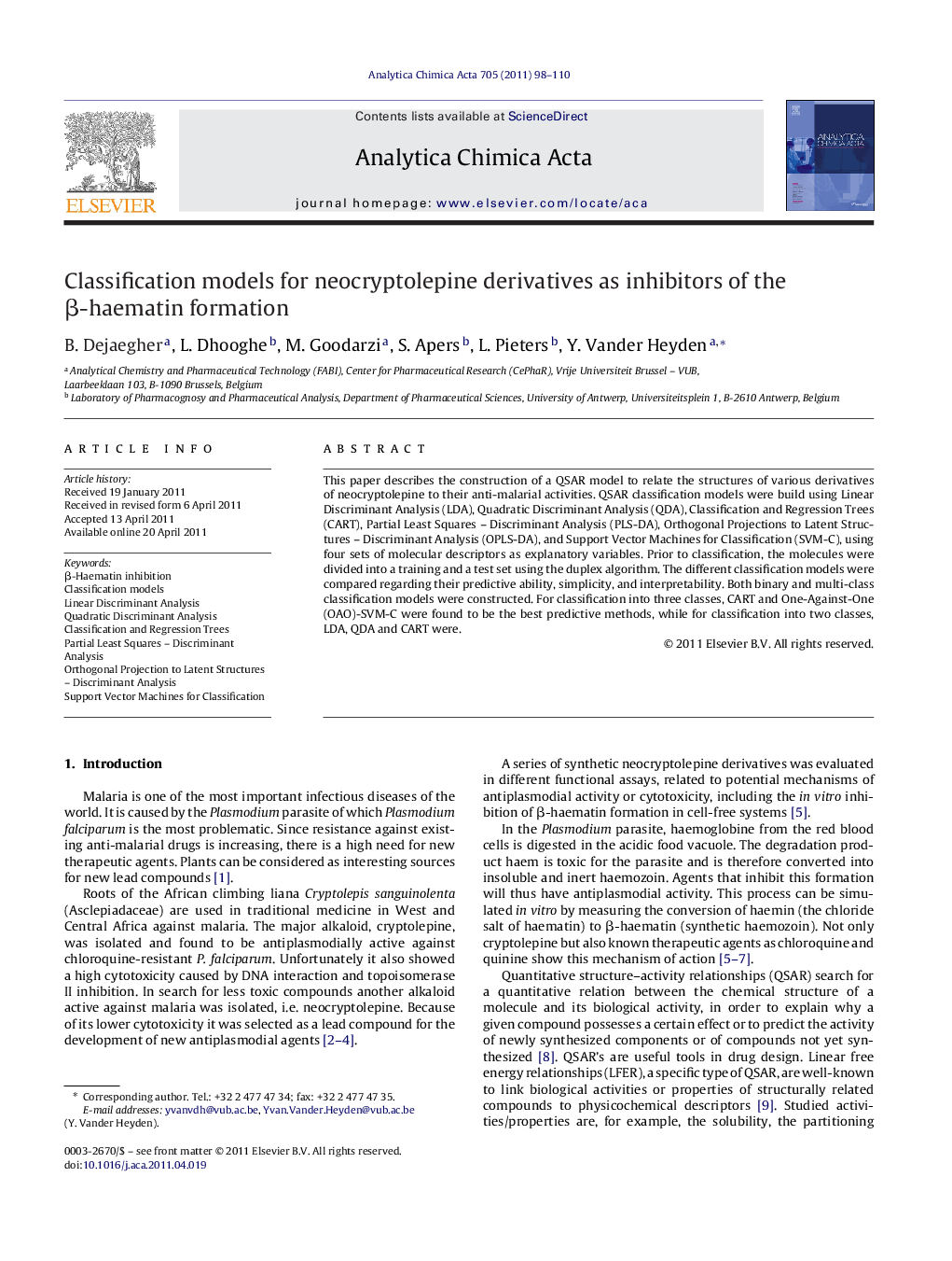 Classification models for neocryptolepine derivatives as inhibitors of the β-haematin formation