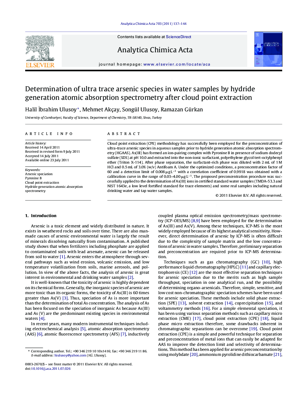 Determination of ultra trace arsenic species in water samples by hydride generation atomic absorption spectrometry after cloud point extraction