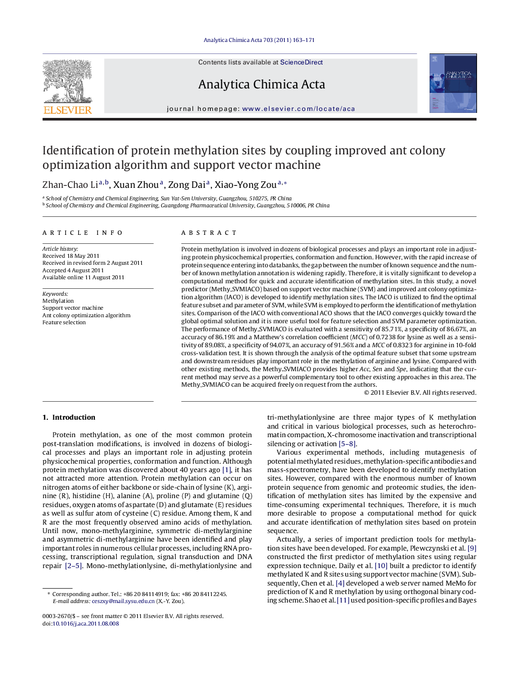 Identification of protein methylation sites by coupling improved ant colony optimization algorithm and support vector machine