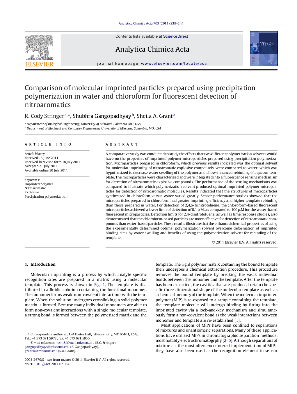 Comparison of molecular imprinted particles prepared using precipitation polymerization in water and chloroform for fluorescent detection of nitroaromatics