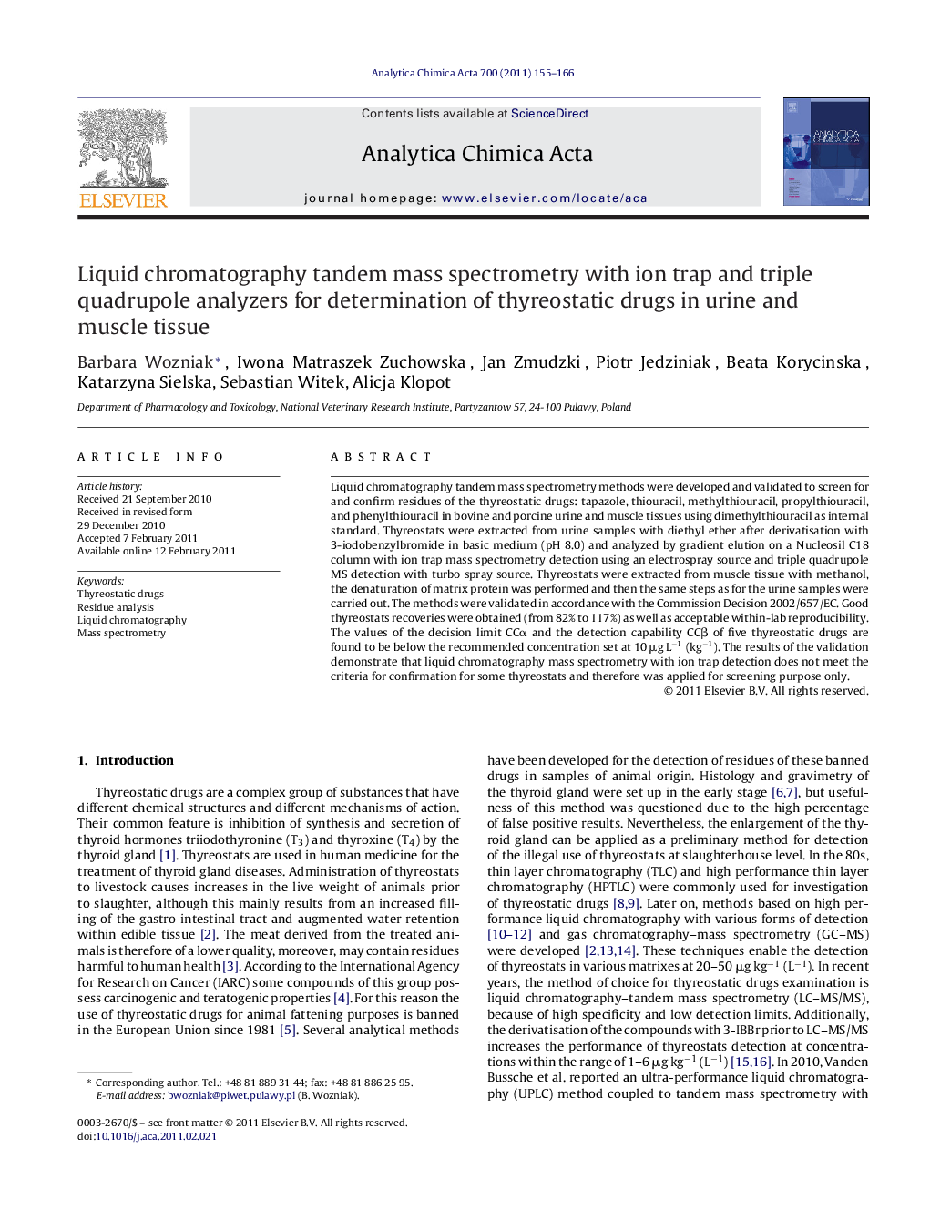 Liquid chromatography tandem mass spectrometry with ion trap and triple quadrupole analyzers for determination of thyreostatic drugs in urine and muscle tissue