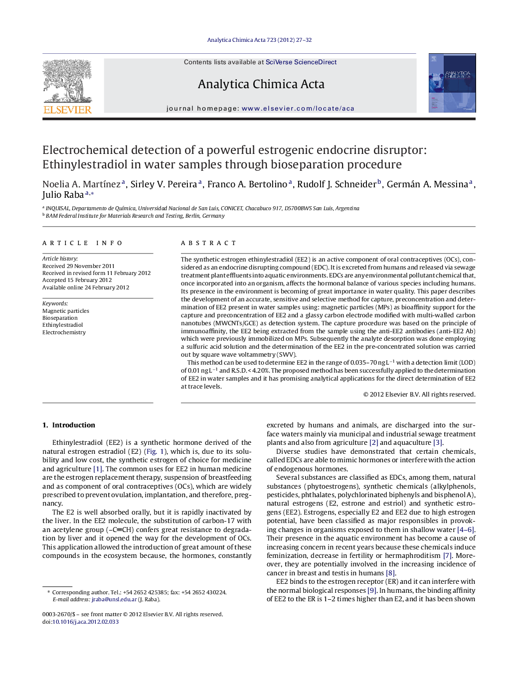 Electrochemical detection of a powerful estrogenic endocrine disruptor: Ethinylestradiol in water samples through bioseparation procedure