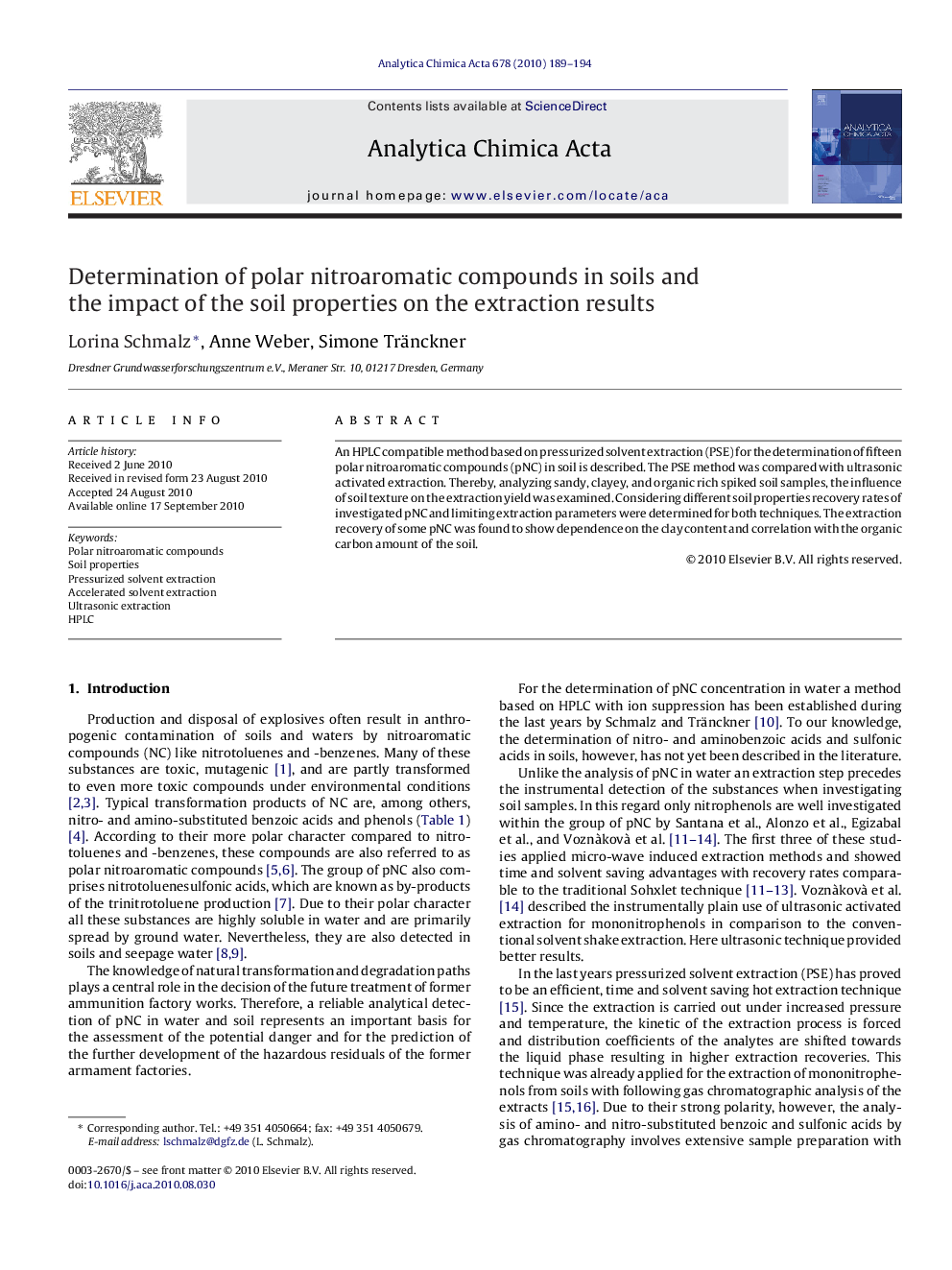 Determination of polar nitroaromatic compounds in soils and the impact of the soil properties on the extraction results