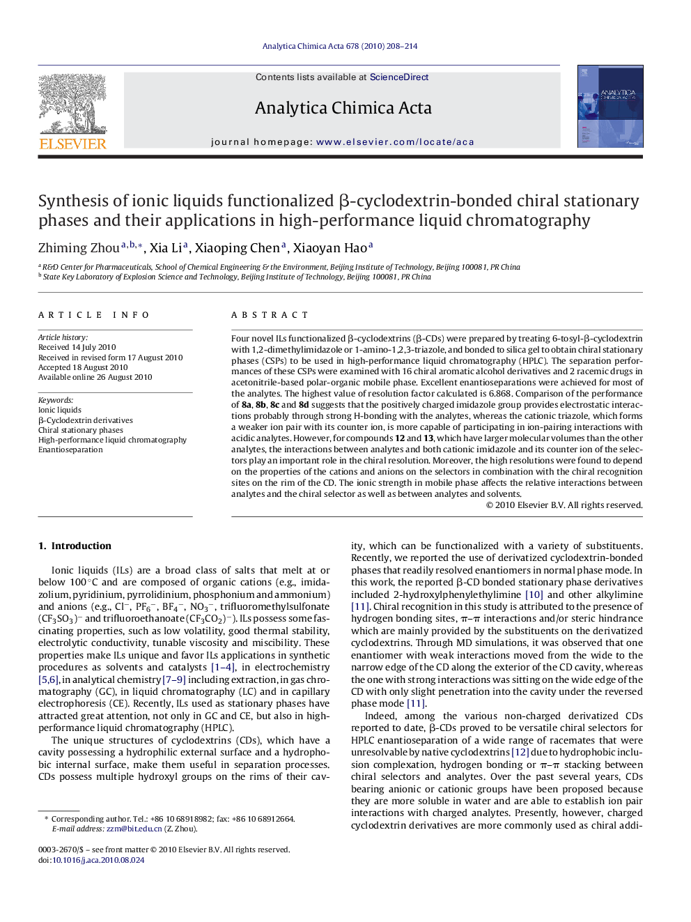 Synthesis of ionic liquids functionalized β-cyclodextrin-bonded chiral stationary phases and their applications in high-performance liquid chromatography