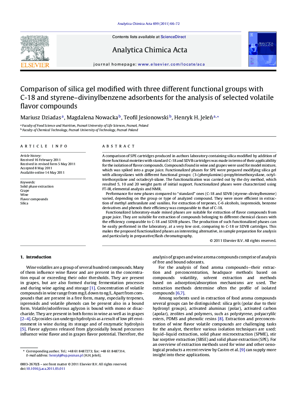 Comparison of silica gel modified with three different functional groups with C-18 and styrene–divinylbenzene adsorbents for the analysis of selected volatile flavor compounds