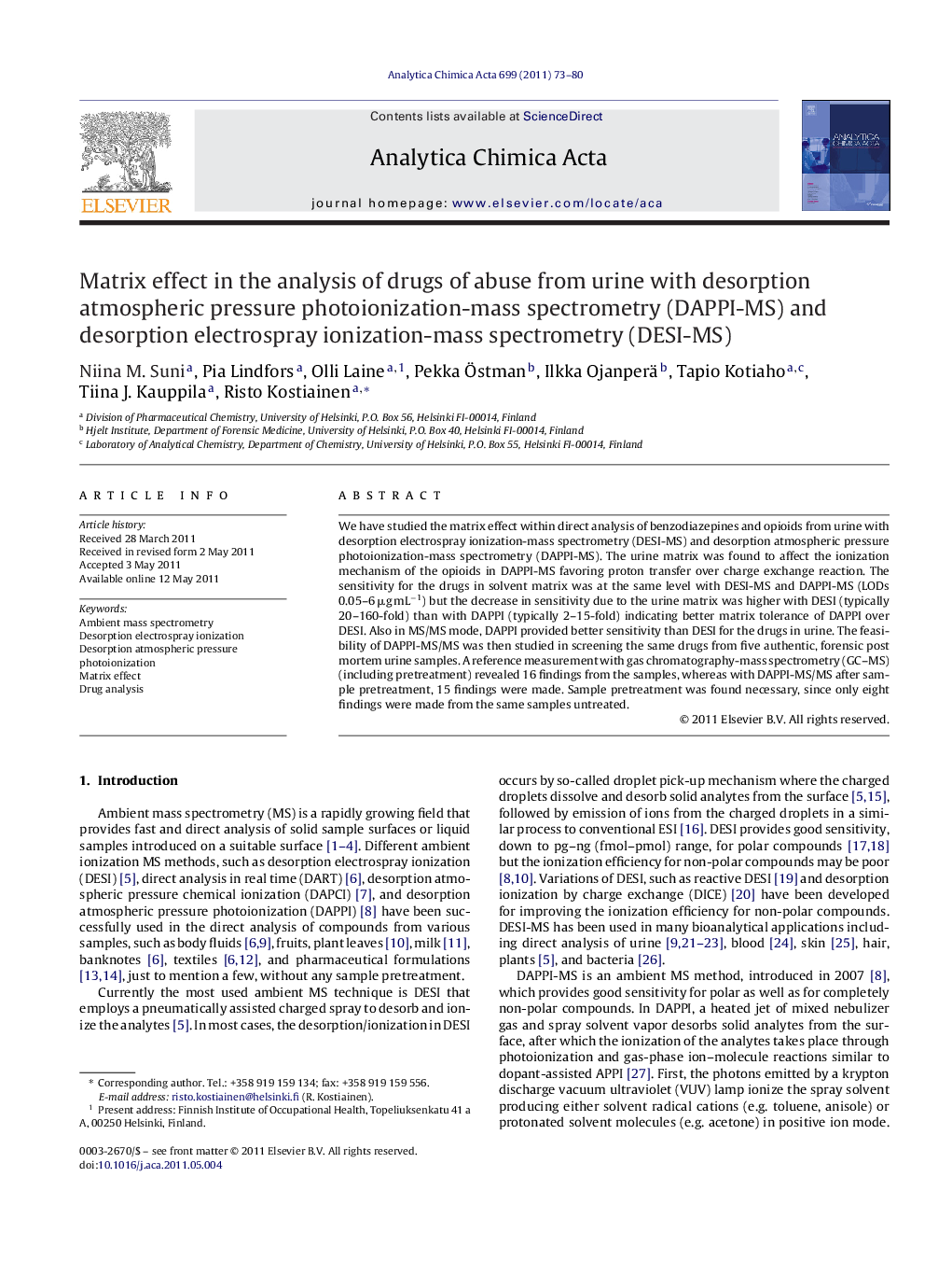 Matrix effect in the analysis of drugs of abuse from urine with desorption atmospheric pressure photoionization-mass spectrometry (DAPPI-MS) and desorption electrospray ionization-mass spectrometry (DESI-MS)