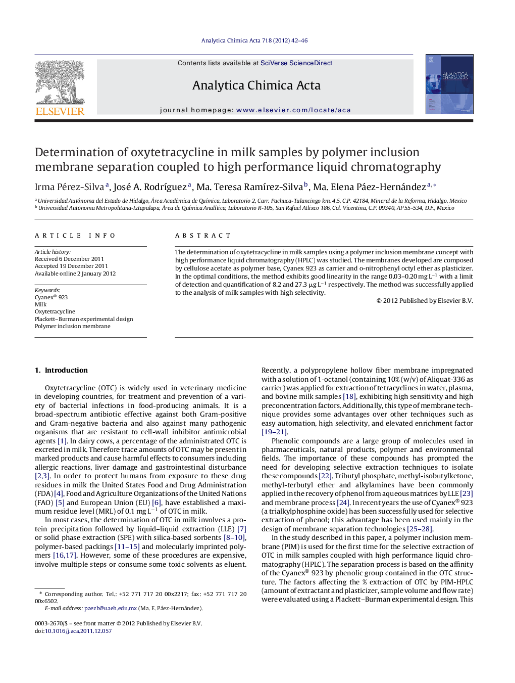 Determination of oxytetracycline in milk samples by polymer inclusion membrane separation coupled to high performance liquid chromatography