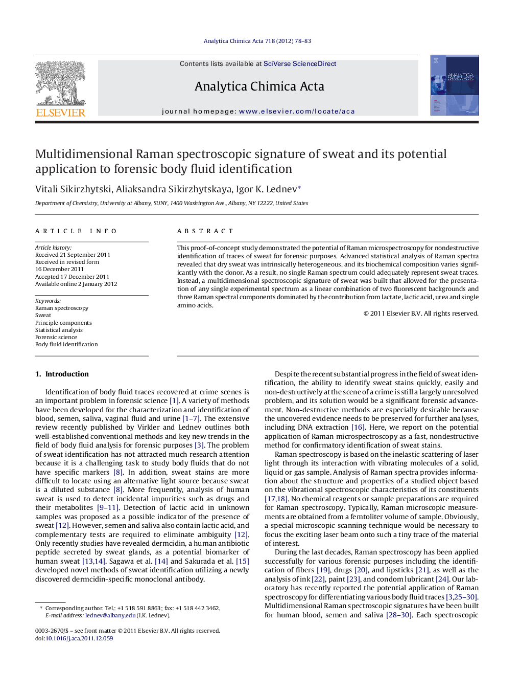 Multidimensional Raman spectroscopic signature of sweat and its potential application to forensic body fluid identification