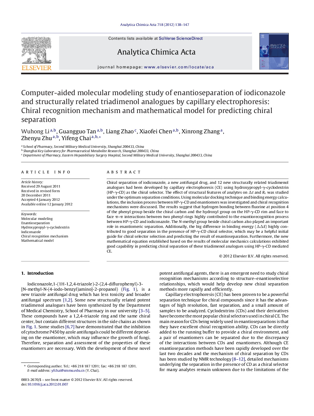 Computer-aided molecular modeling study of enantioseparation of iodiconazole and structurally related triadimenol analogues by capillary electrophoresis: Chiral recognition mechanism and mathematical model for predicting chiral separation