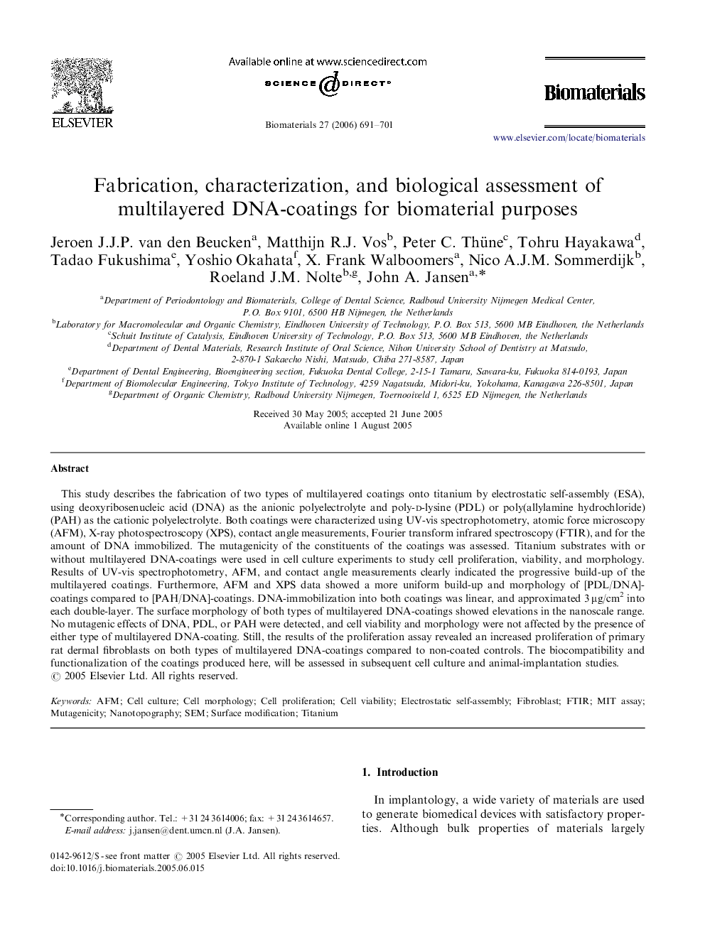 Fabrication, characterization, and biological assessment of multilayered DNA-coatings for biomaterial purposes