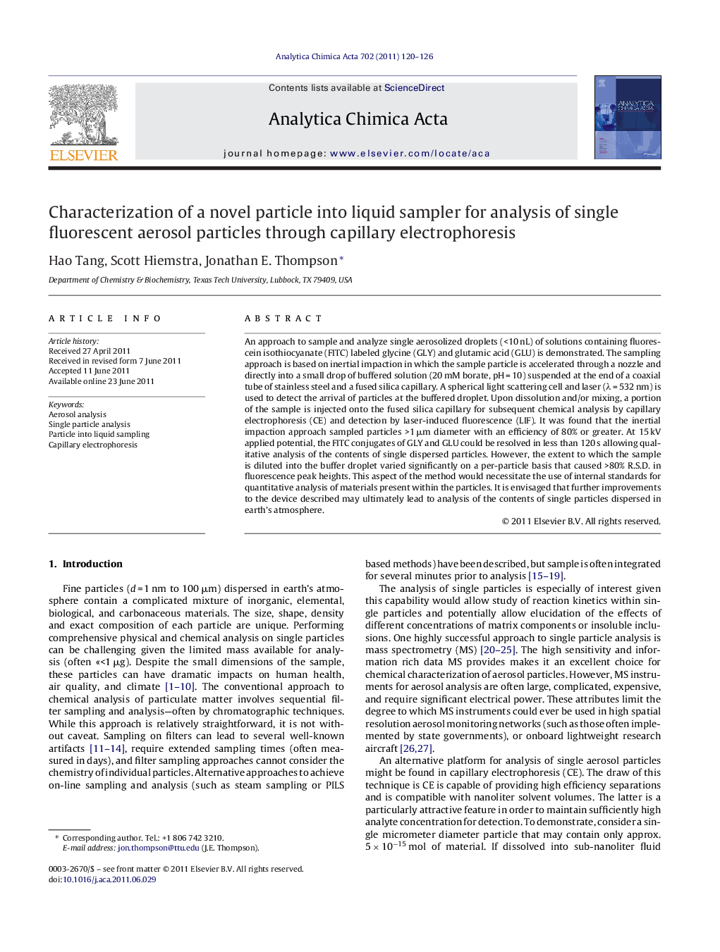 Characterization of a novel particle into liquid sampler for analysis of single fluorescent aerosol particles through capillary electrophoresis