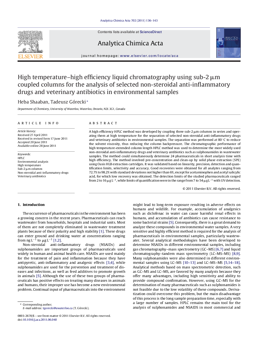 High temperature–high efficiency liquid chromatography using sub-2 μm coupled columns for the analysis of selected non-steroidal anti-inflammatory drugs and veterinary antibiotics in environmental samples