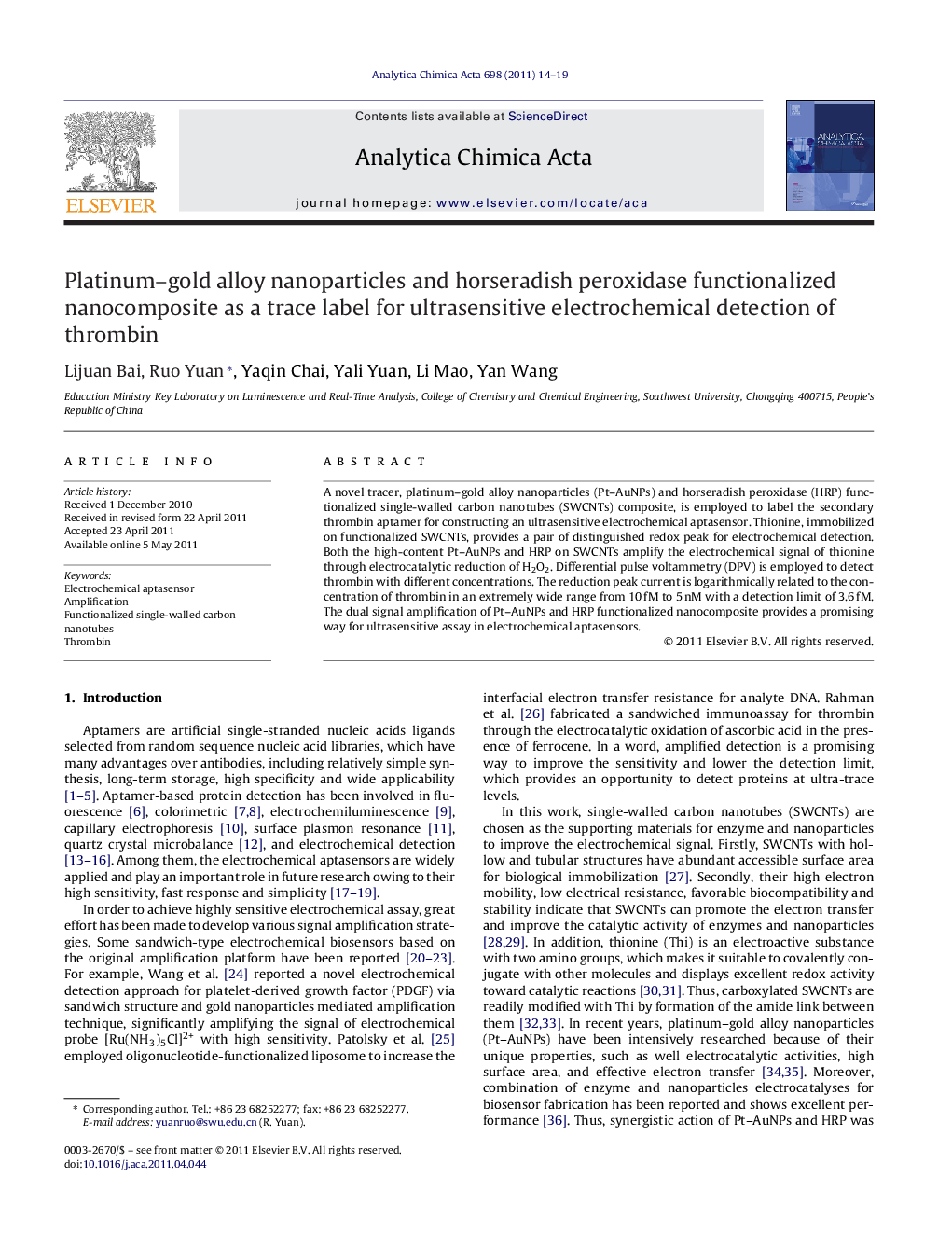 Platinum–gold alloy nanoparticles and horseradish peroxidase functionalized nanocomposite as a trace label for ultrasensitive electrochemical detection of thrombin