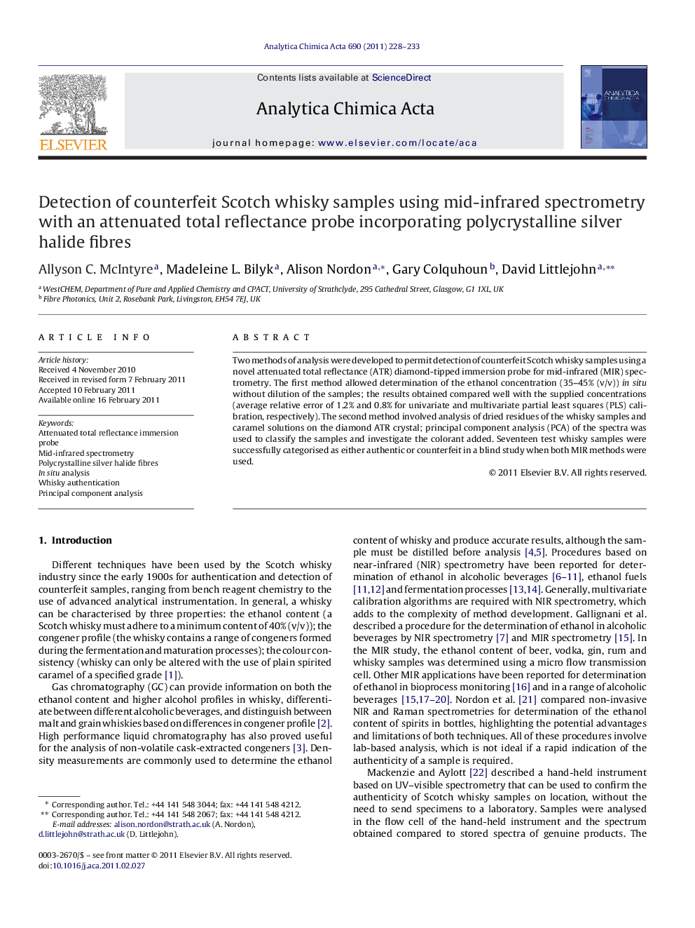 Detection of counterfeit Scotch whisky samples using mid-infrared spectrometry with an attenuated total reflectance probe incorporating polycrystalline silver halide fibres