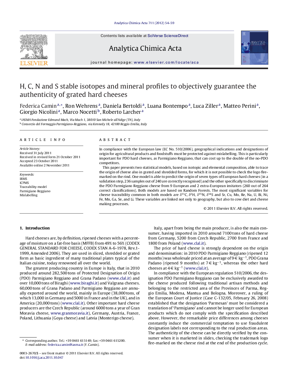 H, C, N and S stable isotopes and mineral profiles to objectively guarantee the authenticity of grated hard cheeses