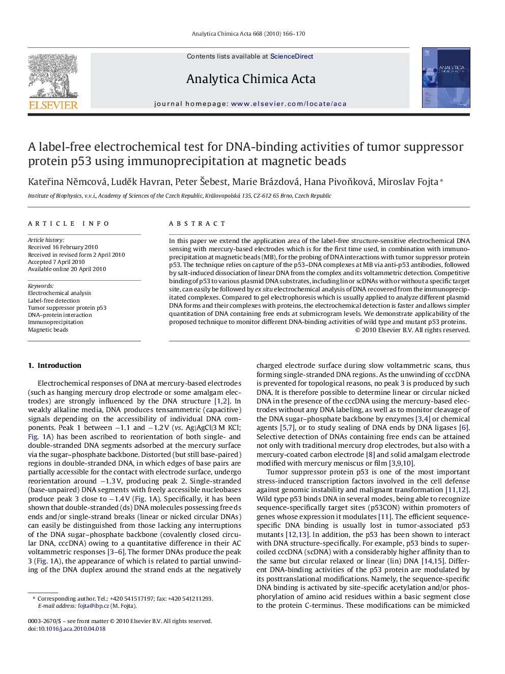 A label-free electrochemical test for DNA-binding activities of tumor suppressor protein p53 using immunoprecipitation at magnetic beads