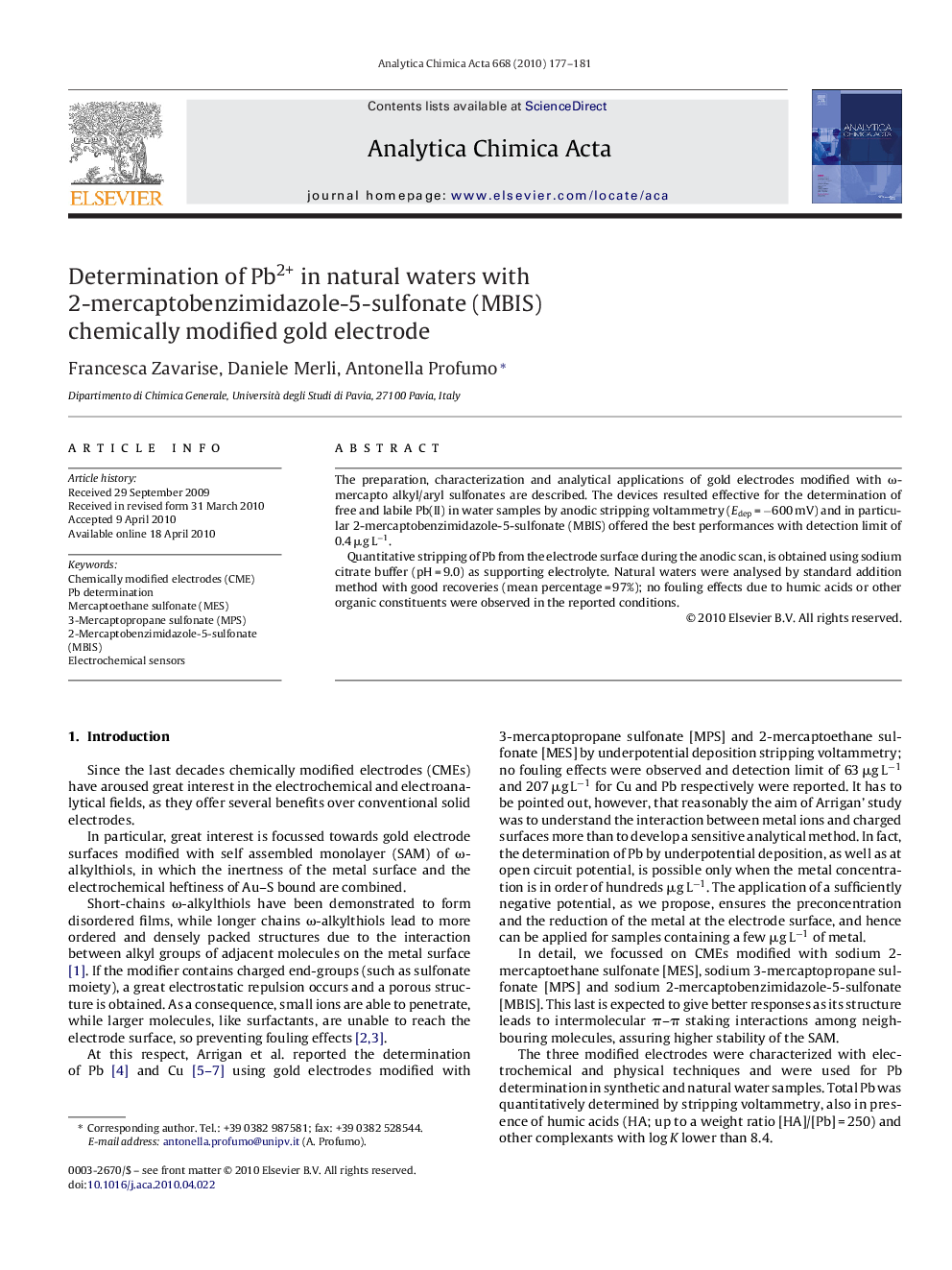 Determination of Pb2+ in natural waters with 2-mercaptobenzimidazole-5-sulfonate (MBIS)chemically modified gold electrode