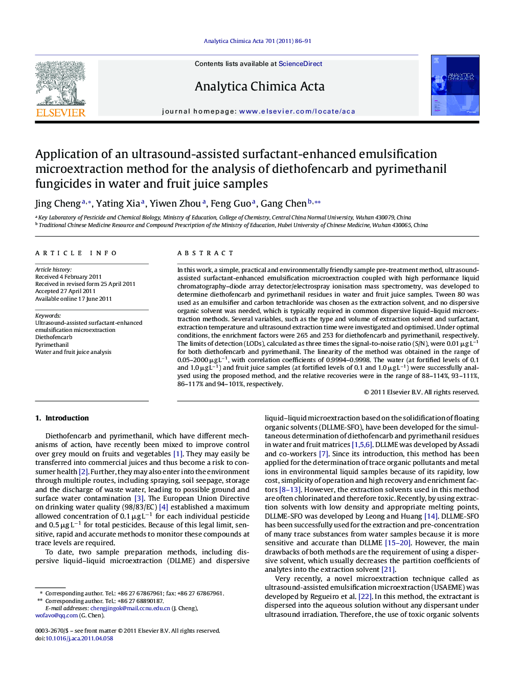 Application of an ultrasound-assisted surfactant-enhanced emulsification microextraction method for the analysis of diethofencarb and pyrimethanil fungicides in water and fruit juice samples